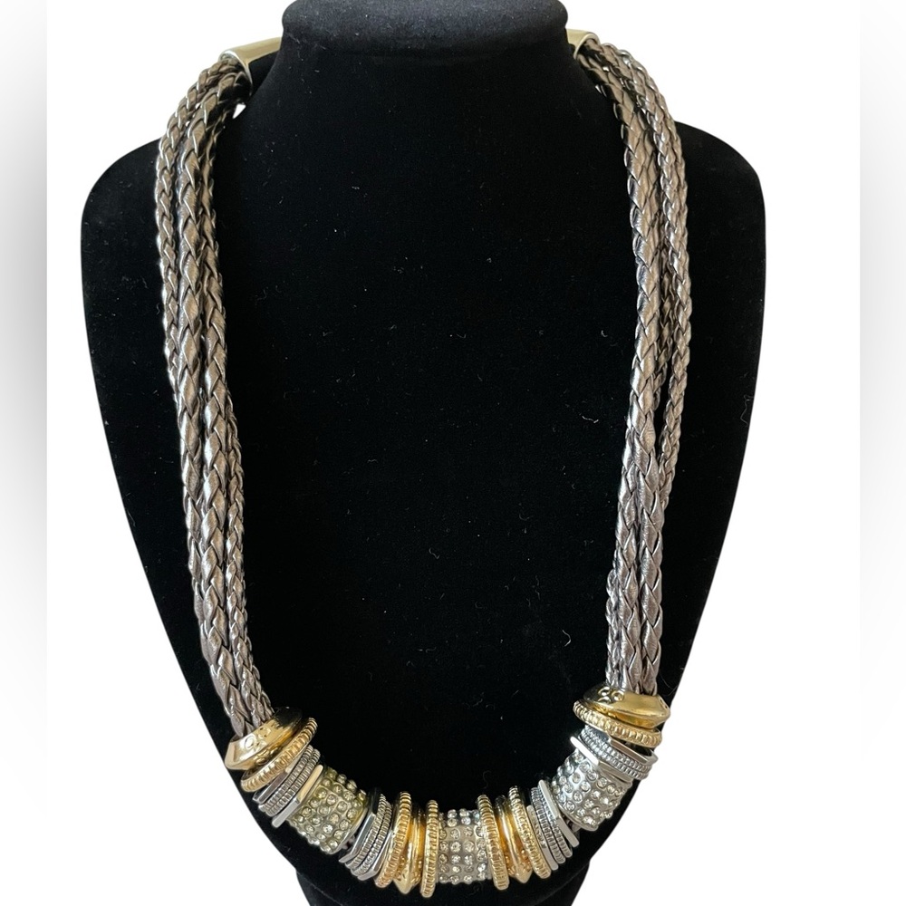 CHICO’S Metallic Faux Leather Multi-Braids Rhinestone Two-Tone Beads Necklace